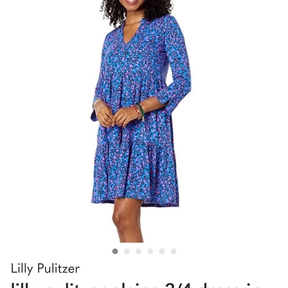 Lilly Pulitzer Blue Floral V-Neck 3/4 Sleeve Tiered Dress